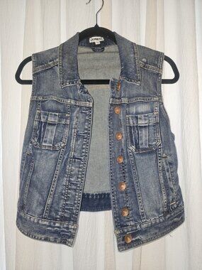 Express Denim Jean Vest Medium Blue Leopard Lined Stretch